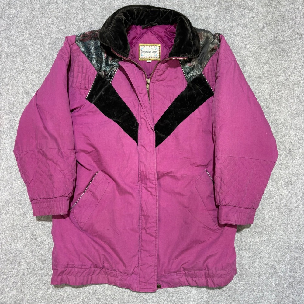 Vintage Current Seen Magenta Puffer Jacket Velvet Brocade Chevron Womens Small